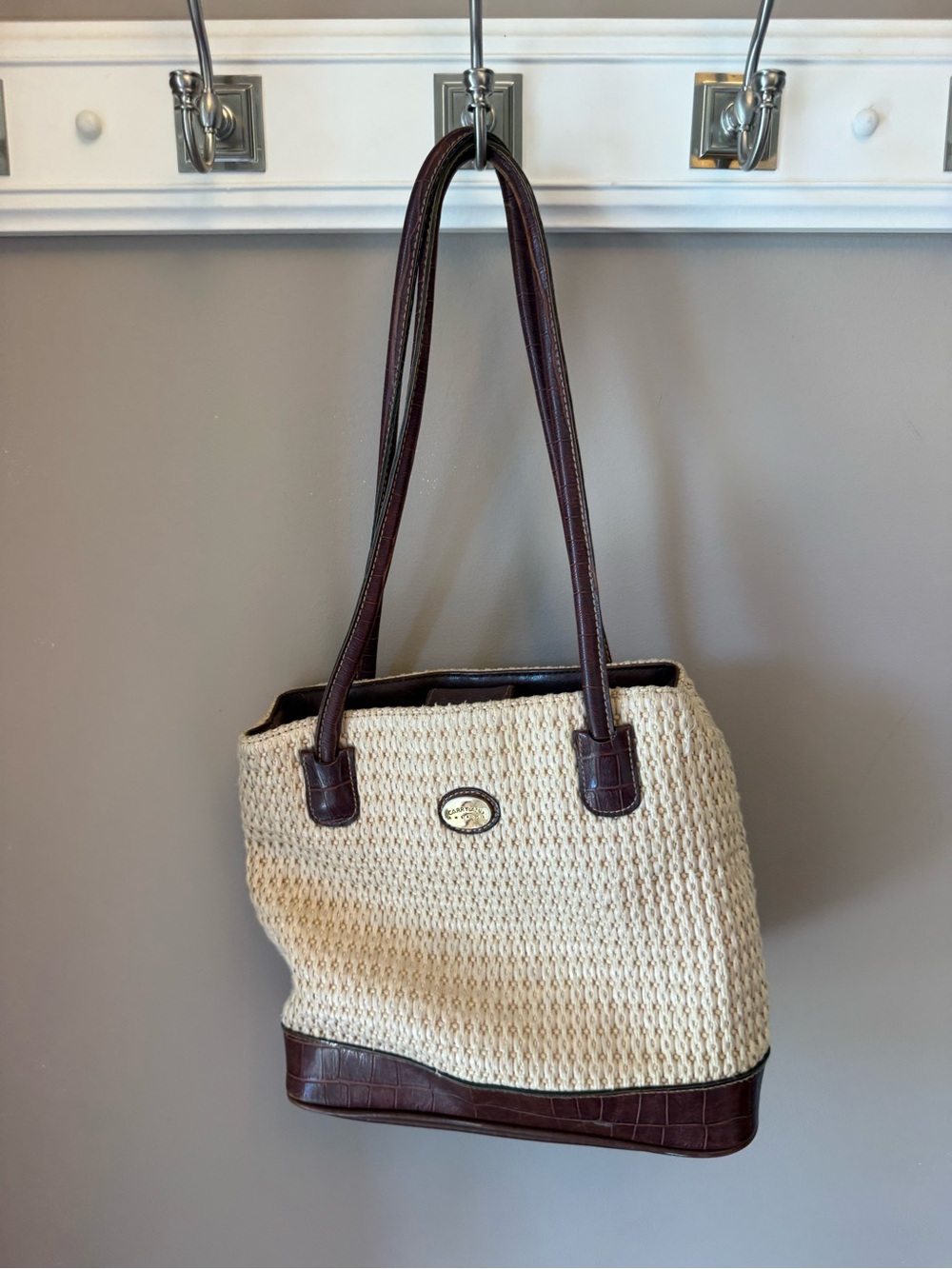 Straw Tote Bag with Brown Leather Trim - Classic Women's Shoulder Bag